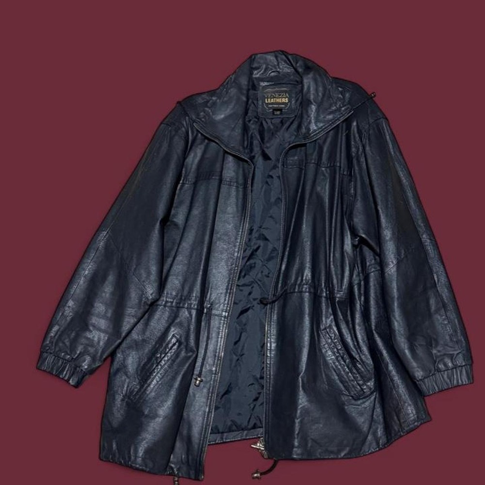 Venezia Leathers Vintage Y2K Black Genuine Leather Hooded Jacket Plus Size 22/24